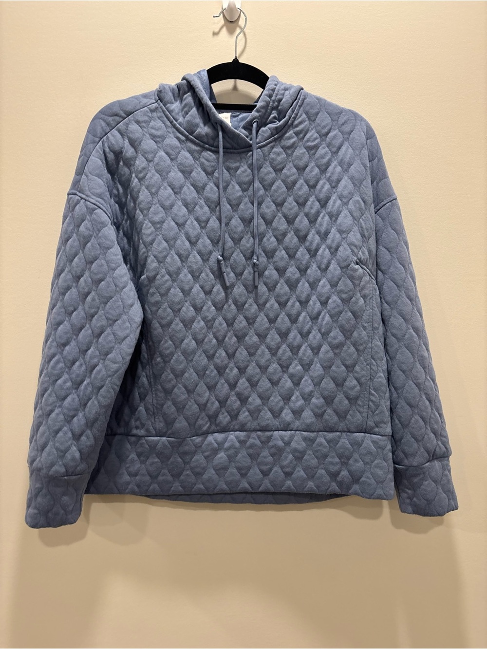 Blue Quilted Cowl Neck Pullover Sweatshirt Diamond Knit Long Sleeve